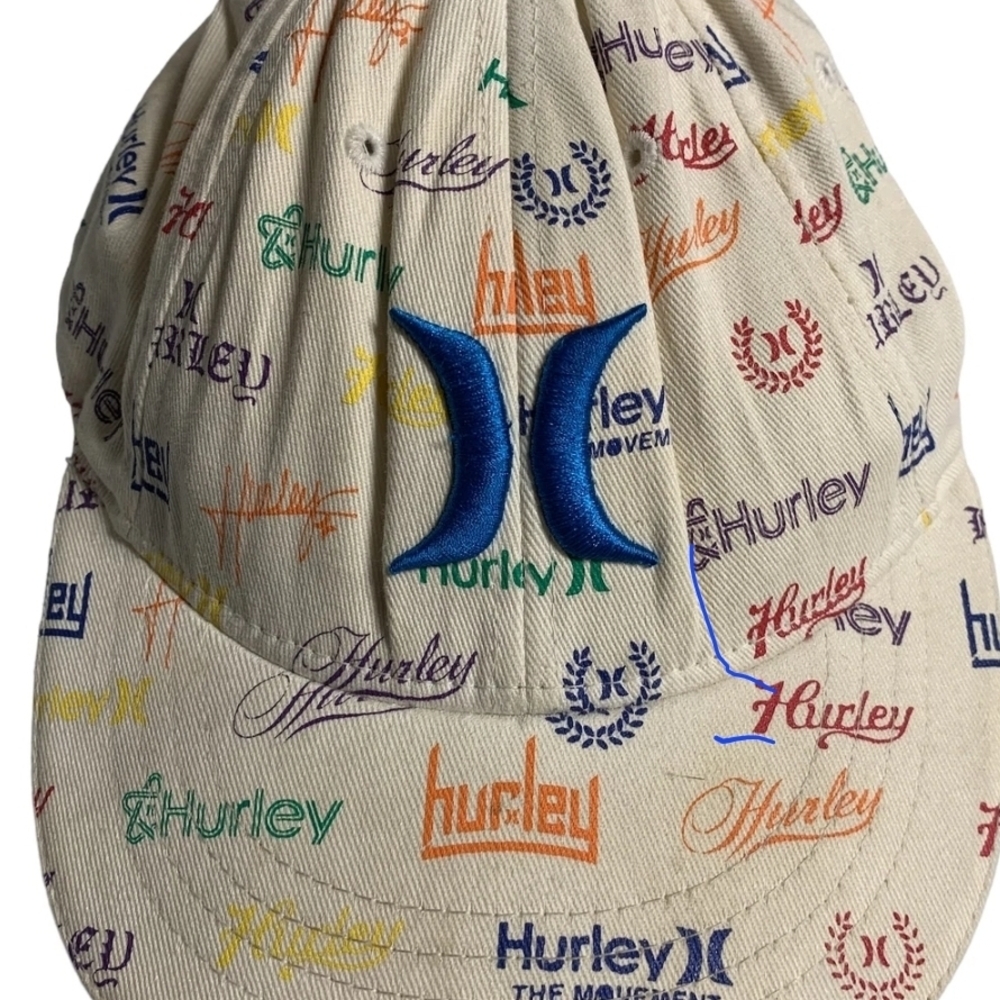 NEW! HURLEY Cream Cap with Multicolor Logo Print and Blue Raised Icon